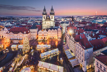 Top View Of Prague Old Town Square And Church Of Mother Of God Before Tyn In Prague, Czech Republic. 