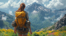  A Woman With A Yellow Backpack Is Looking At A Mountain Range With Yellow Wildflowers In The Foreground And A Mountain Range With Snow Capped Peaks In The Background.