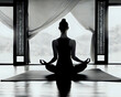 person meditating in yoga pose black white