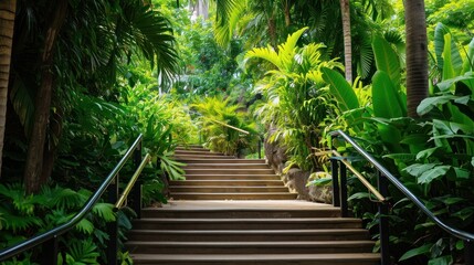 Sticker -  a set of steps that lead up to a lush green area with lots of trees and plants on either side of the steps is a set of metal handrail.