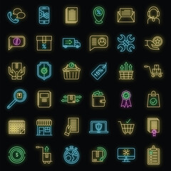 Poster - After sales service icons set. Outline set of after sales service vector icons neon color on black