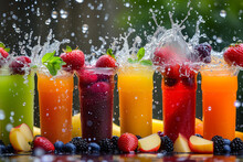 A Glass Filled With Lots Of Fruit Next To Lemons And Strawberries With Water Splashing Out Of It. Illustration Of Fresh Fruit Juices With Water Splashes On A Dark Background Garnished With Lots 