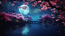 Cherry Blossoms At Night Illuminated By Moonlight,full Moon,seamless Looping Time-lapse Virtual Video Animation Background