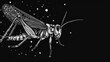  a black and white drawing of a praying bug on a black background with snowflakes and snowflakes around it, with the words shopped logo on the front of the image.