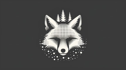 Sticker -  a black and white image of a wolf's head with a forest scene in the middle of the image, on a dark background of a black background with white dots.