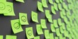 Many green stickers on black board background with face symbol drawn on them. Closeup view with narrow depth of field and selective focus. 3d render, Illustration
