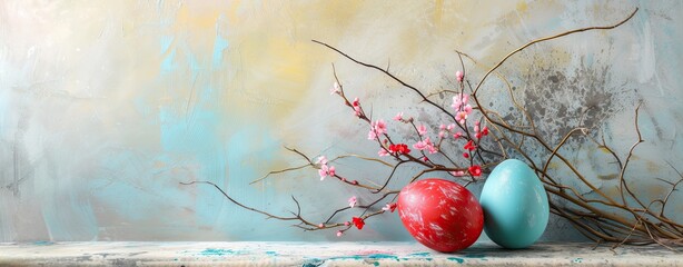 Wall Mural - Easter eggs and spring blossom branches on rustic wooden background