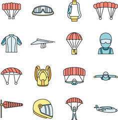 Canvas Print - Fly parachuting icons set. Outline set of fly parachuting vector icons thin line color flat on white