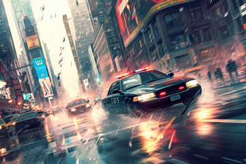 Wall Mural - close-up shot of a police car chasing a suspect through a crowded street, with pedestrians and cars dodging out of the way