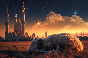 Wall Mural - sheep with mosque background