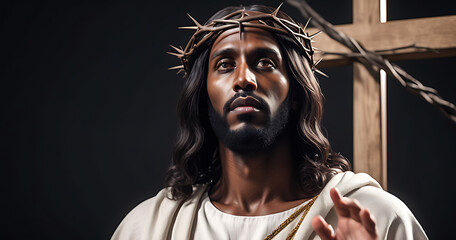 Portrait of black Jesus Christ with crown of thorns on his, head in the darkness in front of the crucifix in the background, a heavenly ray.