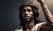 Portrait of black Jesus Christ with crown of thorns on his, head in the darkness in front of the crucifix in the background, a heavenly ray.
