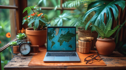 Canvas Print - A laptop computer sitting on top of a wooden desk