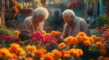 Garden Of Love: Joyful African American Senior Couple Tending To Blooming Flowers