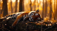  A Tiger Laying On Top Of A Log In The Middle Of A Forest Next To A Forest Filled With Tall Grass And Tall Trees With Yellow Leaves On The Top Of It's.