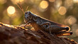  a close up of a grasshopper insect on a tree branch with boke of light shining on the background of a blurry boke of boke of leaves.