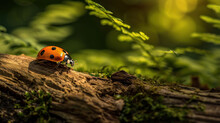  A Ladybug Sitting On Top Of A Tree Branch In The Middle Of A Forest With Lots Of Green Leaves And A Fern Behind It Is A Blurry Background.