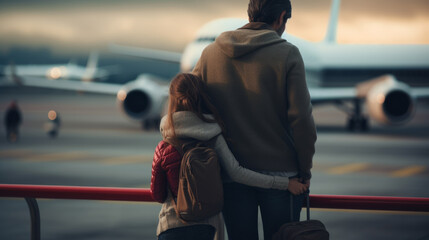 photography of a father and daughter on airport watching airplane takes off