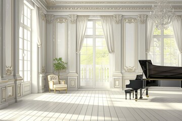 a piano in a light white room with a white wooden floor and a chair