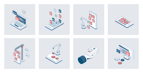 Fototapete - App development concept of isometric icons in 3d isometry design for web. Applications programming process with interface layout creation, settings and optimization for phones. Vector illustration
