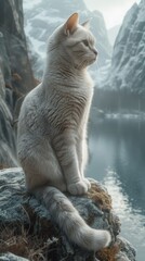 Wall Mural - A white cat sitting on top of a rock next to a body of water