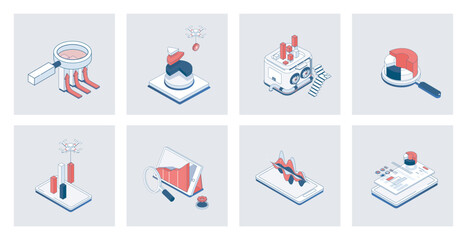 Fototapete - Data analysis concept of isometric icons in 3d isometry design for web. Analytics research, statistic search, chart and graph dashboard analyzing, marketing report and audit. Vector illustration