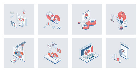 Wall Mural - DevOps concept of isometric icons in 3d isometry design for web. Agile development operation practice, programming and management teamwork, creating and release products cycle. Vector illustration