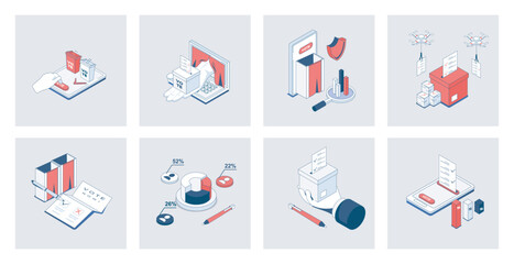 Fototapete - Election and voting concept of isometric icons in 3d isometry design for web. Online vote system, democratic choice, candidate support, political ratings, democracy and politic. Vector illustration