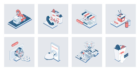 Aufkleber - Food delivery concept of isometric icons in 3d isometry design for web. Online ordering of pizza or grocery bags, fast courier shipping to home, restaurant menu delivering service. Vector illustration