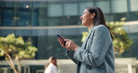 Canvas Print - Happy woman, phone and walking in city for social media, communication or outdoor networking. Business, female person or employee smile with mobile smartphone for online chatting or texting in town