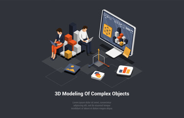 concept of 3d modelling of complex objects. team in process of creating 3d objects using specialized