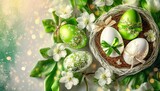 Fototapeta Niebo - Wielkanocne tło z zielonymi i białymi pisankami w koszyku i kwiatami