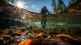 Fototapeta Sport - Fishing background, underwater view, Generative AI. 
Fisherman catching trout on a river.	