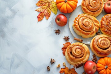 Sticker - Autumn themed homemade pastry with organic pumpkins apples and cinnamon rolls on white background top view copy space