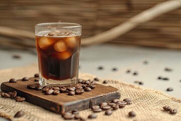 Sticker - Beige table holding wooden board cold brew and coffee beans