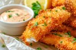 Breaded and fried fish fingers served with remoulade sauce and lemon
