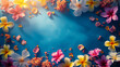 colorful hawaii flowers frame and space for messages on blue background with sun rays for lei day  - Generative AI