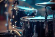 Close up of a black drum kit in a studio Musician s set with various drums Instruments for drumming performance Dark rock metal style Focused on cymbals