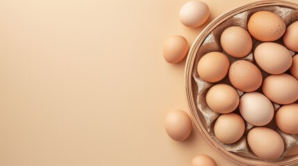 a bowl filled with lots of brown eggs on top of a white table top next to an egg laying on top of an egg carton on a beige background.