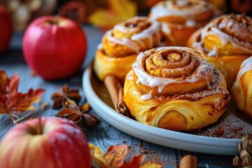 Sticker - Cinnamon rolls yeast buns round shape Wooden background side perspective