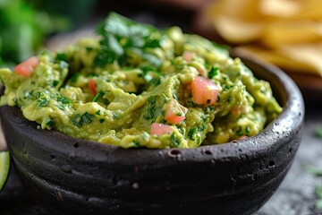 Wall Mural - Close up view of guacamole a traditional Mexican dip made with avocado and simple ingredients Perfect for parties and bars and a healthy homemade option
