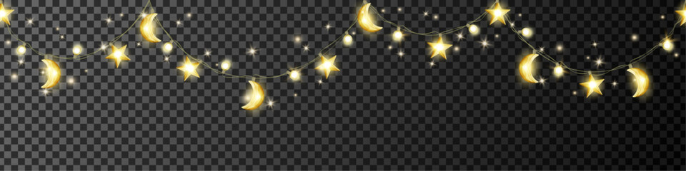 ramadan and al adha islamic decoration on transparent background. hanging stars and crescents lights