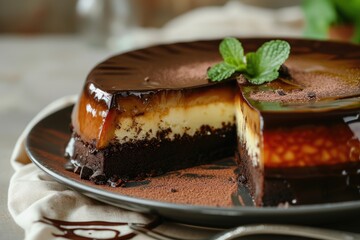 Sticker - Counter dessert Chocoflan a sweet delicious treat of inverted cake with chocolate sponge cream