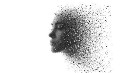 Poster -  a black and white photo of a person's face with a lot of dots in the shape of a woman's head on a white background of black and white paper.