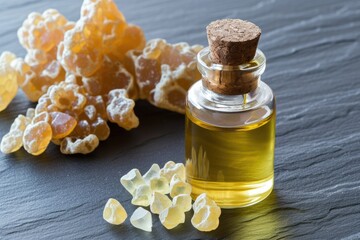 Poster - Frankincense essential oil and resin crystals on black slate background in a bottle