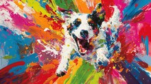  A Painting Of A Dog With Multicolored Paint Splatters On It's Face And Mouth, In Front Of A Blue Background Of A Multi - Colored Background.