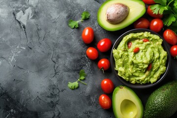 Wall Mural - Guacamole ingredients concept background with space for text flat lay arrangement top view