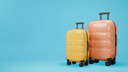 Two traveling suitcases on blue background. Large and small cases with luggage. 3D rendering.