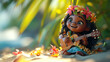 Mini doll of hawaiian girl playing guitar with flower leis for lei day background - AI Generated Abstract Art
