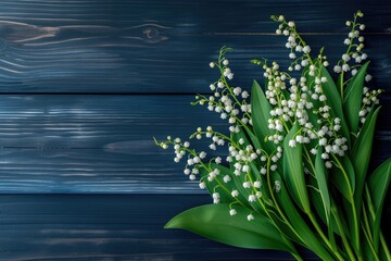 Wall Mural - Lily of the valley flowers on dark wooden background